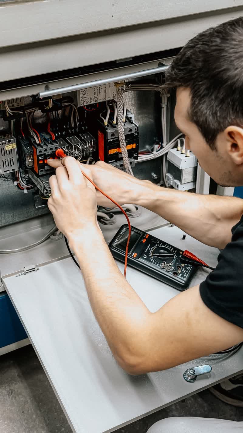Technician using a multimeter to test contactors inside an industrial control panel